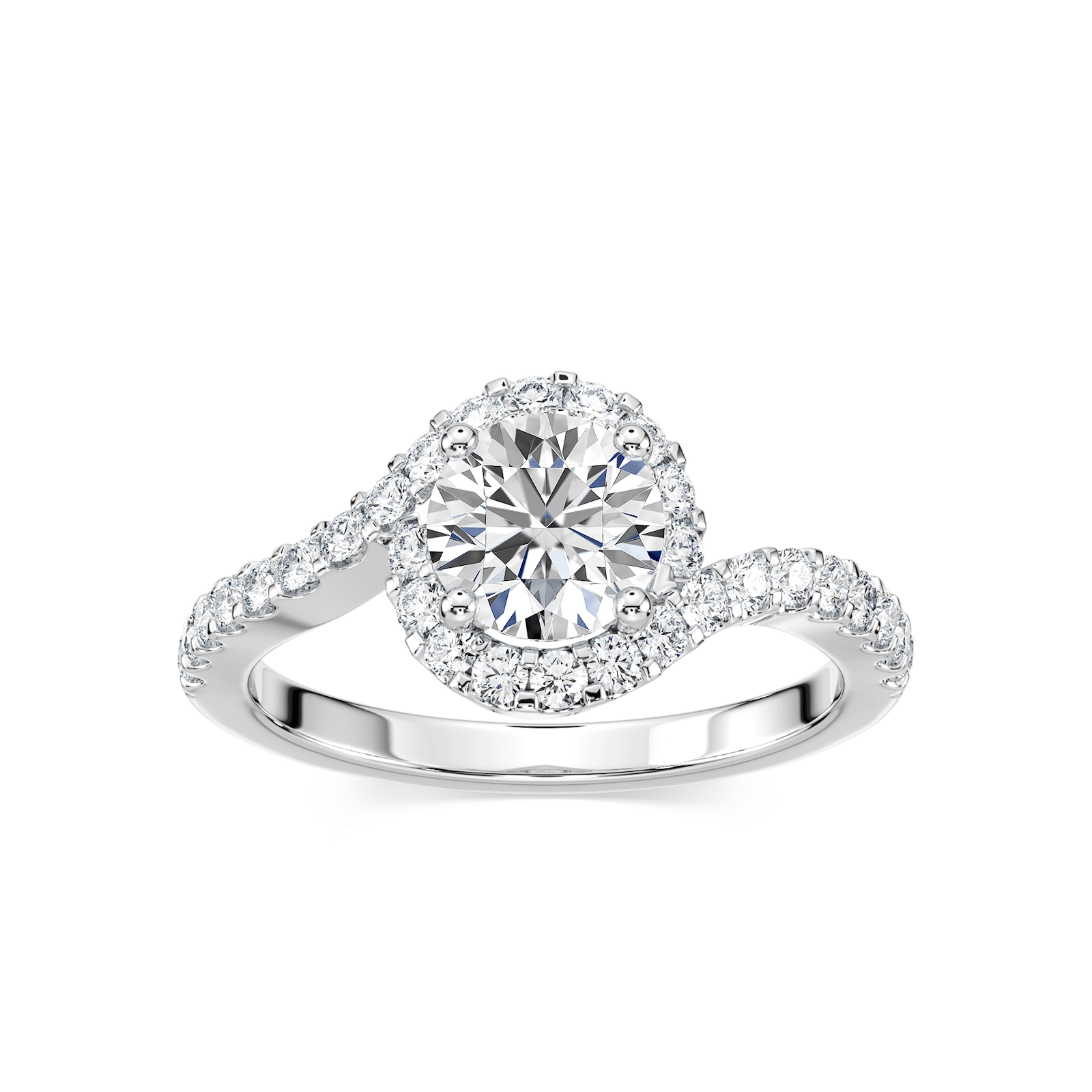 Shown with 1ct Round Cut Lab Grown Diamond in 14k White Gold|Elegant and beautiful diamond halo accented engagement ring with 1ct round cut lab grown diamond in 14k white gold