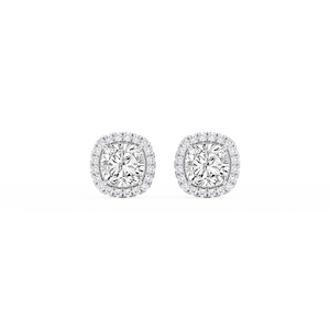 Cushion Lab Grown Diamond Four Prong Basket Halo Stud Earrings