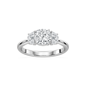 Mara Cushion Lab Grown Diamond with Half Moon Sides Trellis Three Stone Engagement Ring