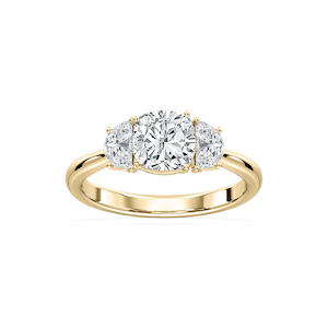 Mara Cushion Lab Grown Diamond with Half Moon Sides Trellis Three Stone Engagement Ring