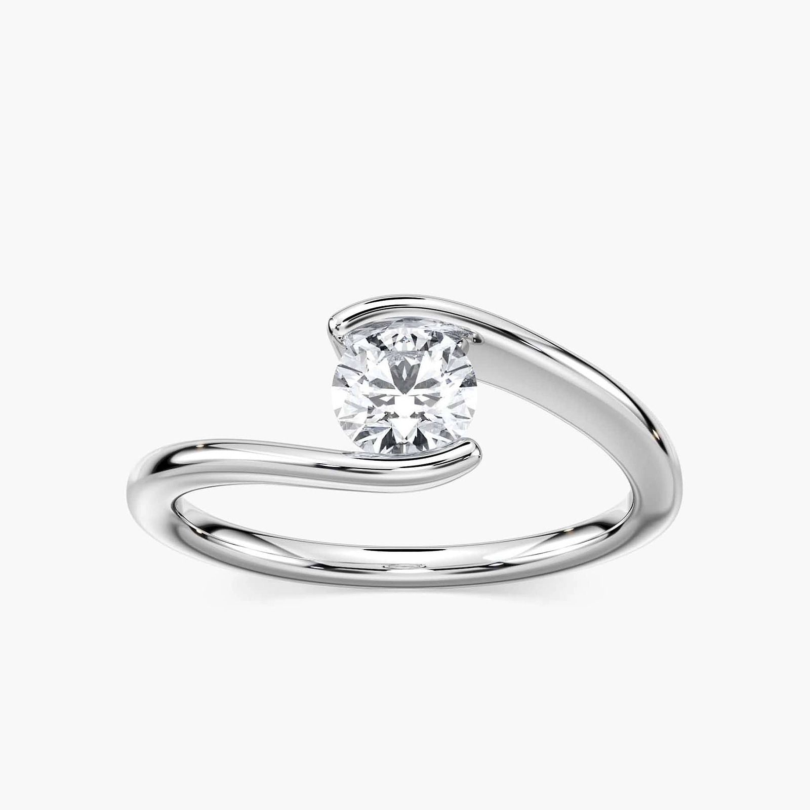 Shown with 2ct Round Cut Lab Grown Diamond in 14k White Gold|Modern minimalistic sleek engagement ring with a 2ct round cut lab grown diamond in a 14k white gold band that gives the illusion of a tension setting