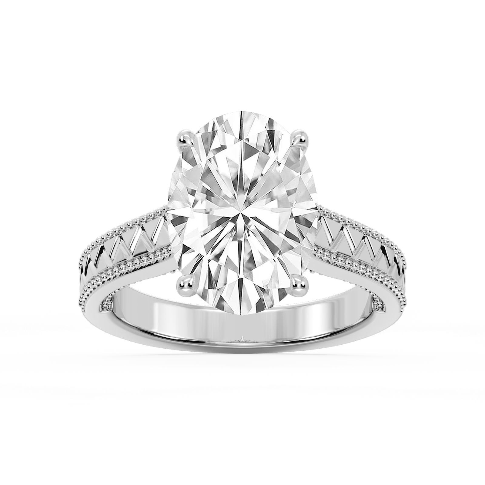 Daisy Oval Lab Grown Diamond Etched Milgrain Side Stone Engagement Ring