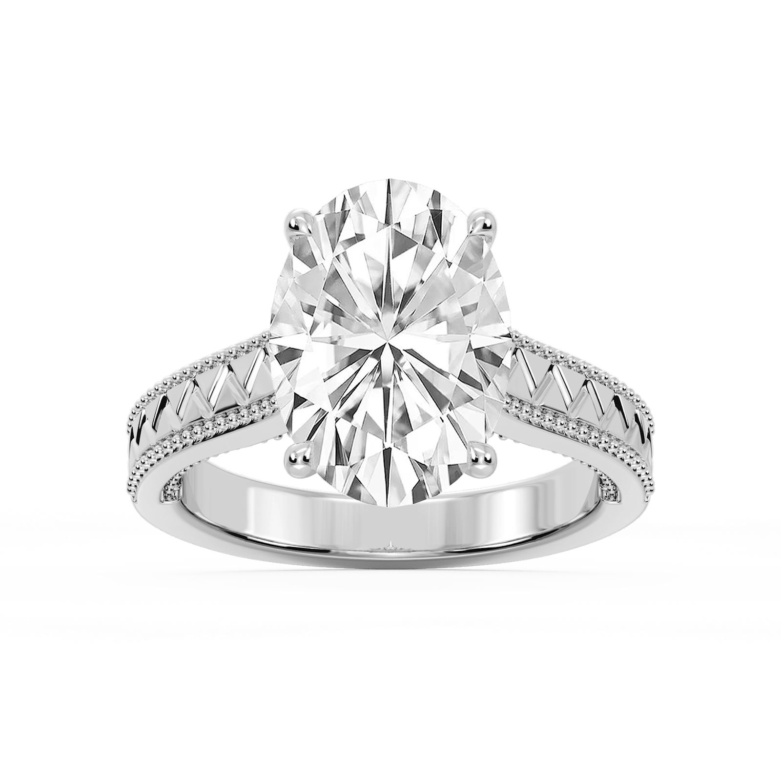 Daisy Oval Lab Grown Diamond Etched Milgrain Side Stone Engagement Ring
