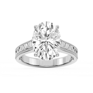 Daisy Oval Lab Grown Diamond Etched Milgrain Side Stone Engagement Ring