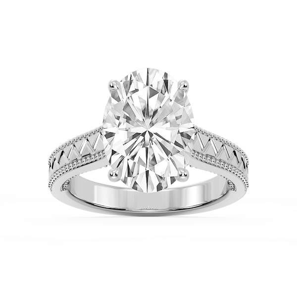 Daisy Oval Lab Grown Diamond Etched Milgrain Side Stone Engagement Ring
