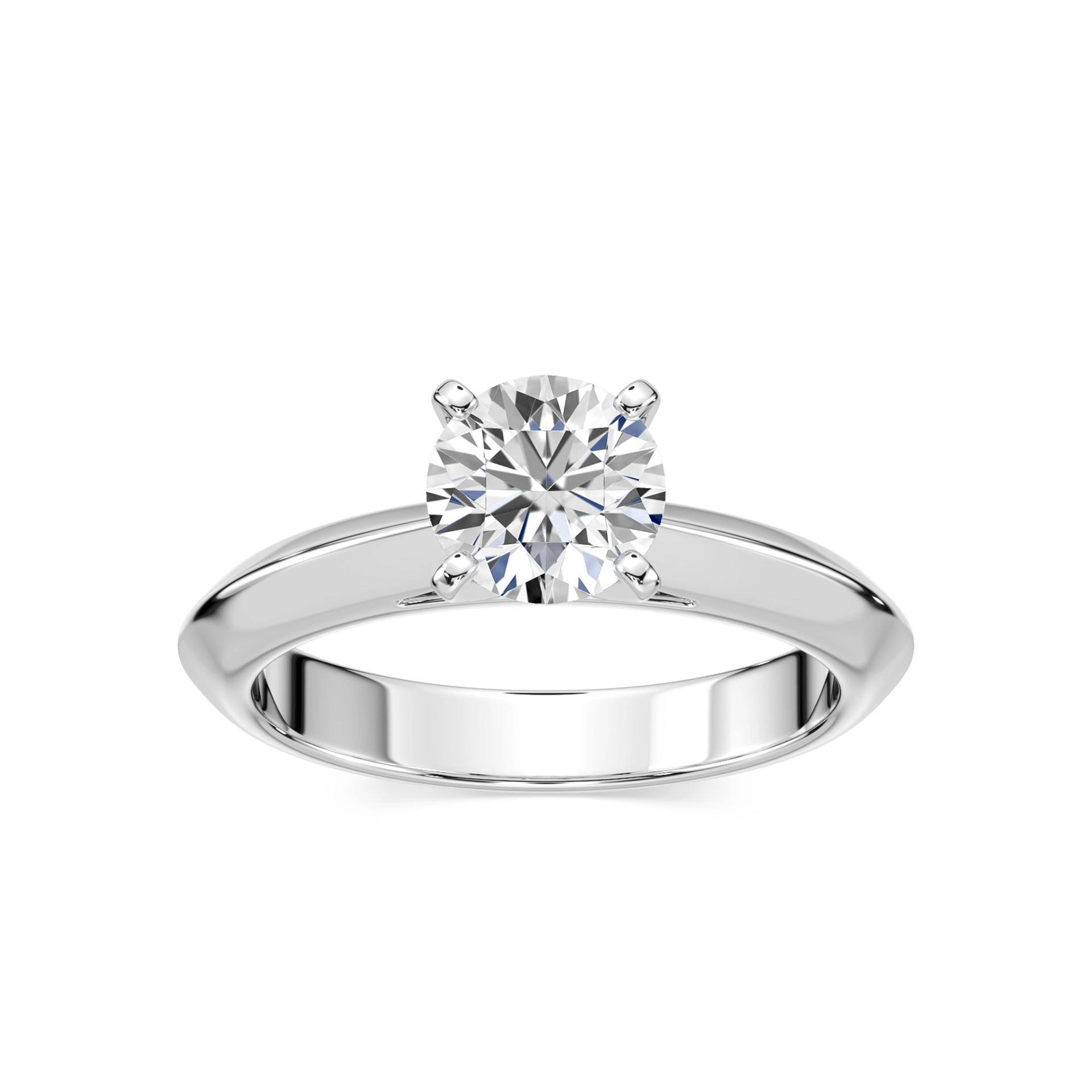 Shown with 1ct Round Cut Lab Grown Diamond in 14k White Gold|Simple solitaire engagement ring with cathedral design holding a 1ct round cut lab grown diamond in 14k white gold