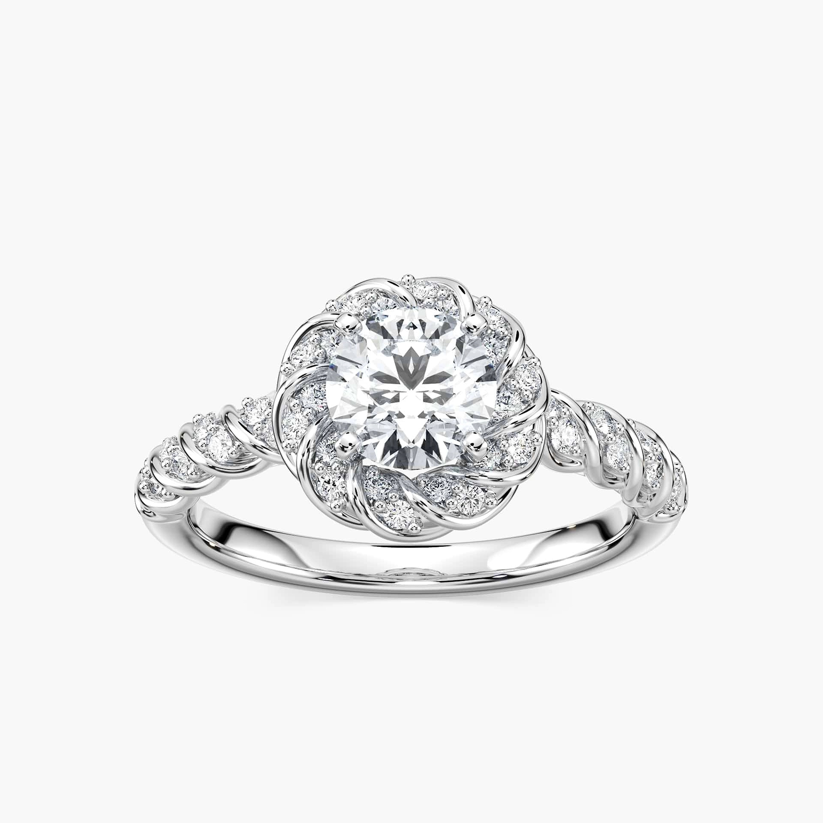 Shown with 1ct Round Cut Lab Grown Diamond in 14k White Gold|Unique twisted diamond halo engagement ring with a 1ct round cut lab grown diamond in a braided design 14k white gold metal band