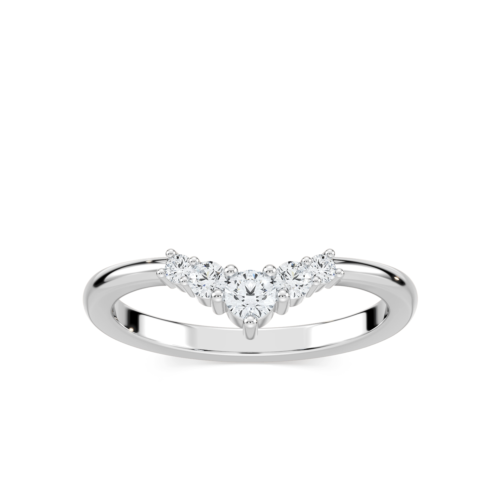 Shown in 14k Yellow Gold|Diamond V shaped wedding band with graduated accenting recycled diamond in 14k yellow gold