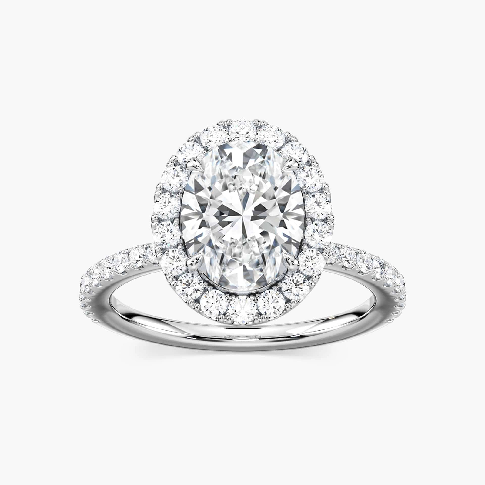 Shown with 1ct Oval Cut Lab Grown Diamond in Platinum|Dream diamond halo engagement ring with diamond accents and a 1ct oval cut lab grown diamond in platinum