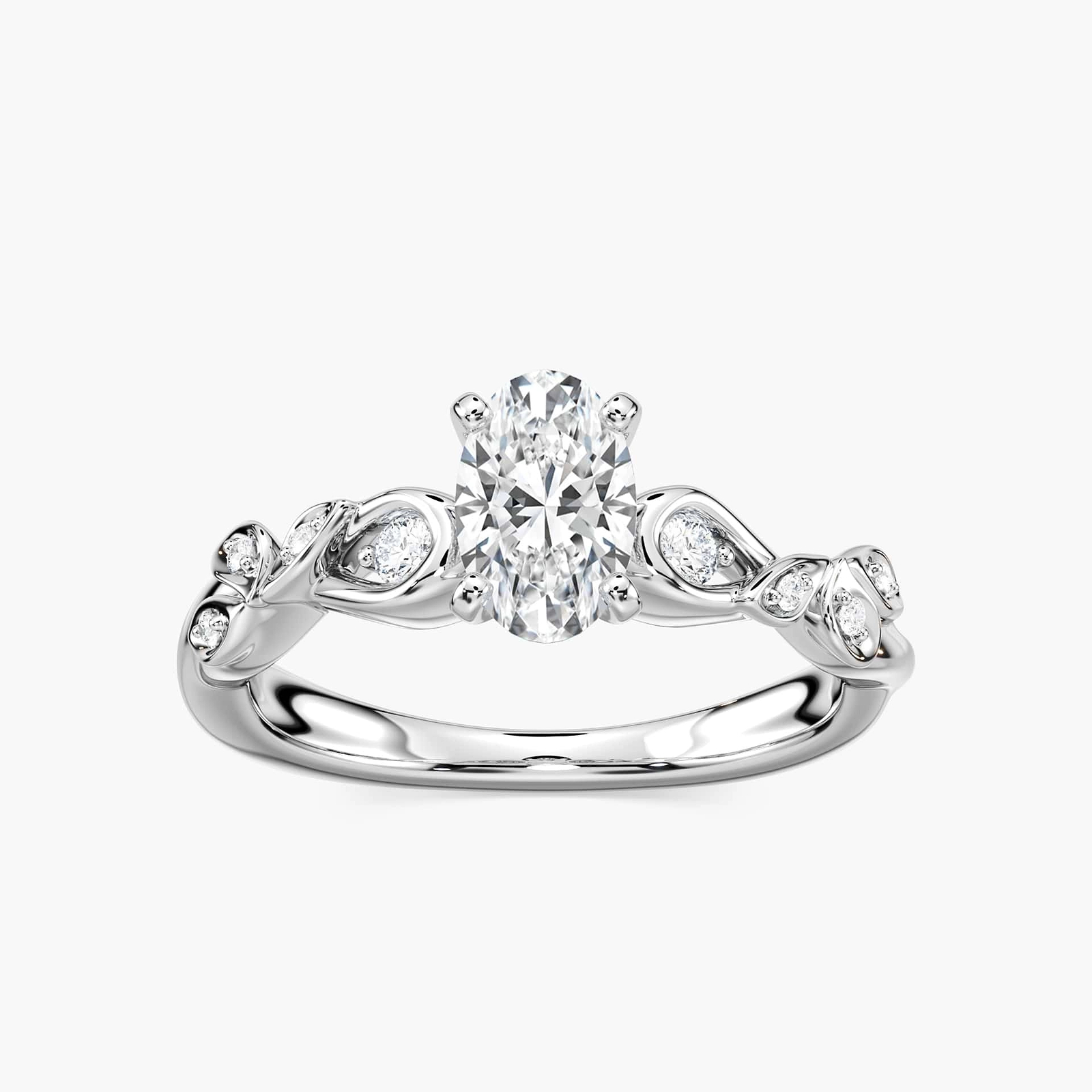 Shown with 1ct Round Cut Lab Grown Diamond in 14k White Gold|Nature inspired engagement ring with diamond accenting and a 1ct round cut lab grown diamond in 14k white gold