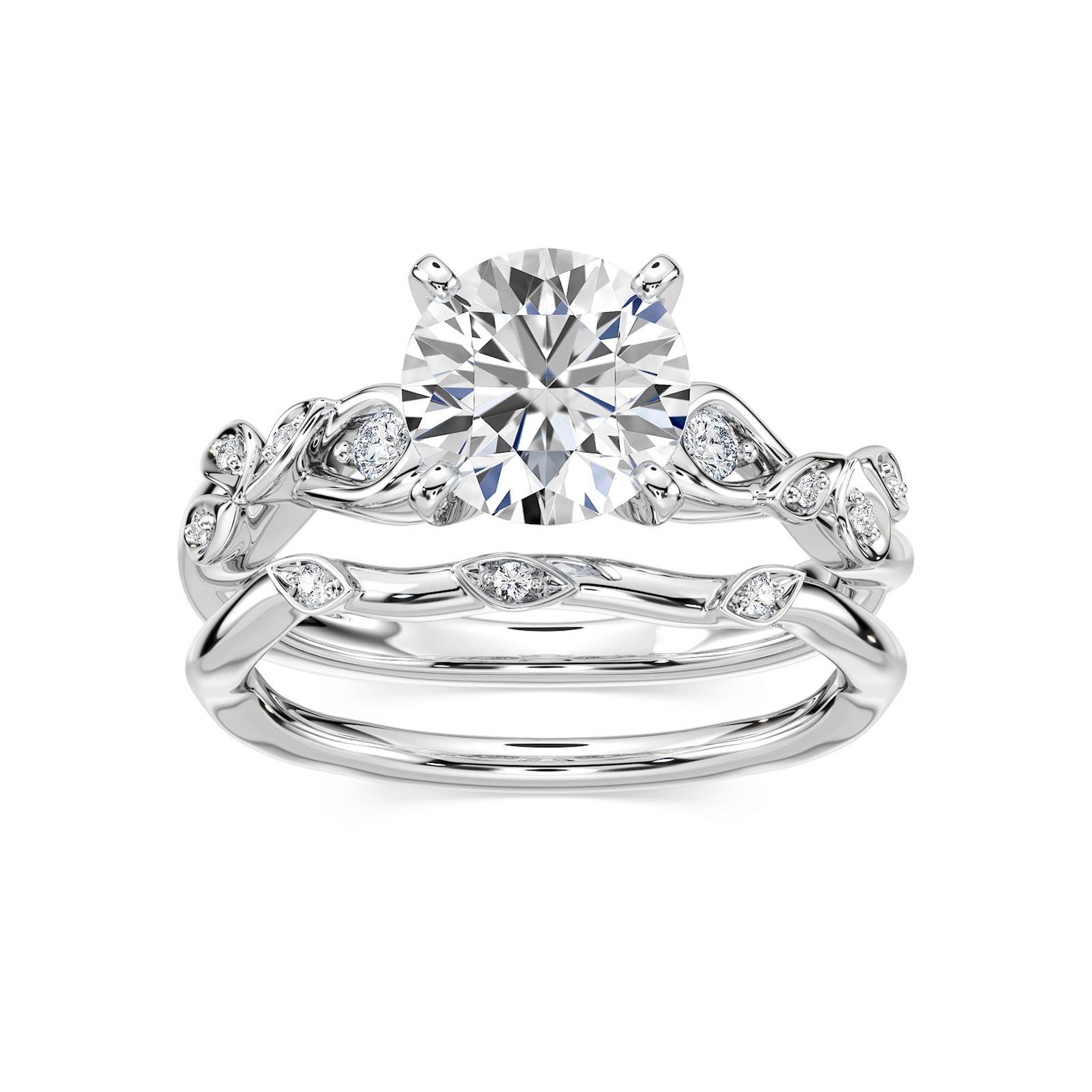 Shown with a 1.0ct Round cut Lab-Grown Diamond with accenting diamonds in recycled 14K white gold with matching wedding band | engagement ring leaf detail Shown with a 1.0ct Round cut Lab-Grown Diamond with accenting diamonds in recycled 14K white gold with matching band