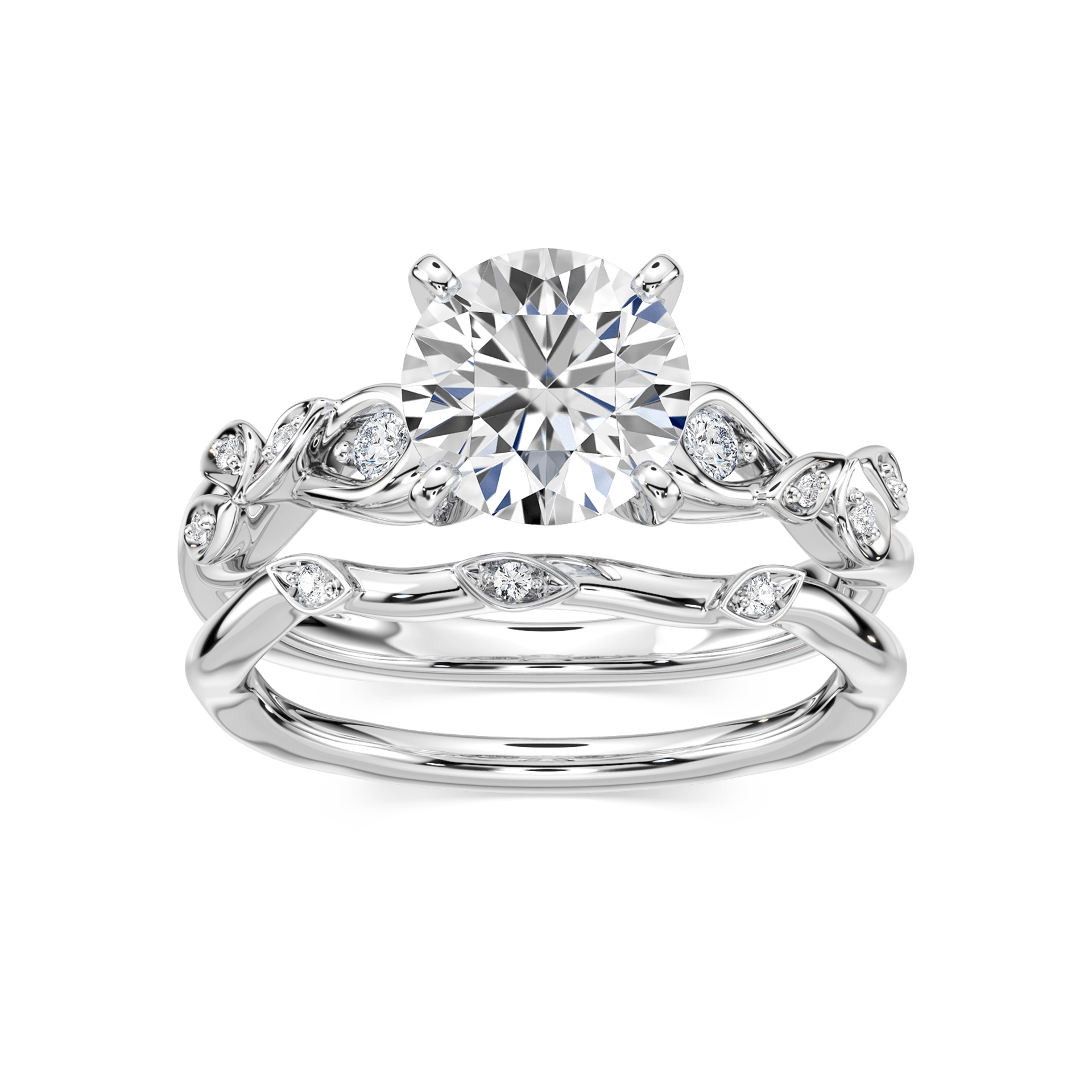 Shown with a 1.0ct Round cut Lab-Grown Diamond with accenting diamonds in recycled 14K white gold with matching wedding band | engagement ring leaf detail Shown with a 1.0ct Round cut Lab-Grown Diamond with accenting diamonds in recycled 14K white gold with matching band
