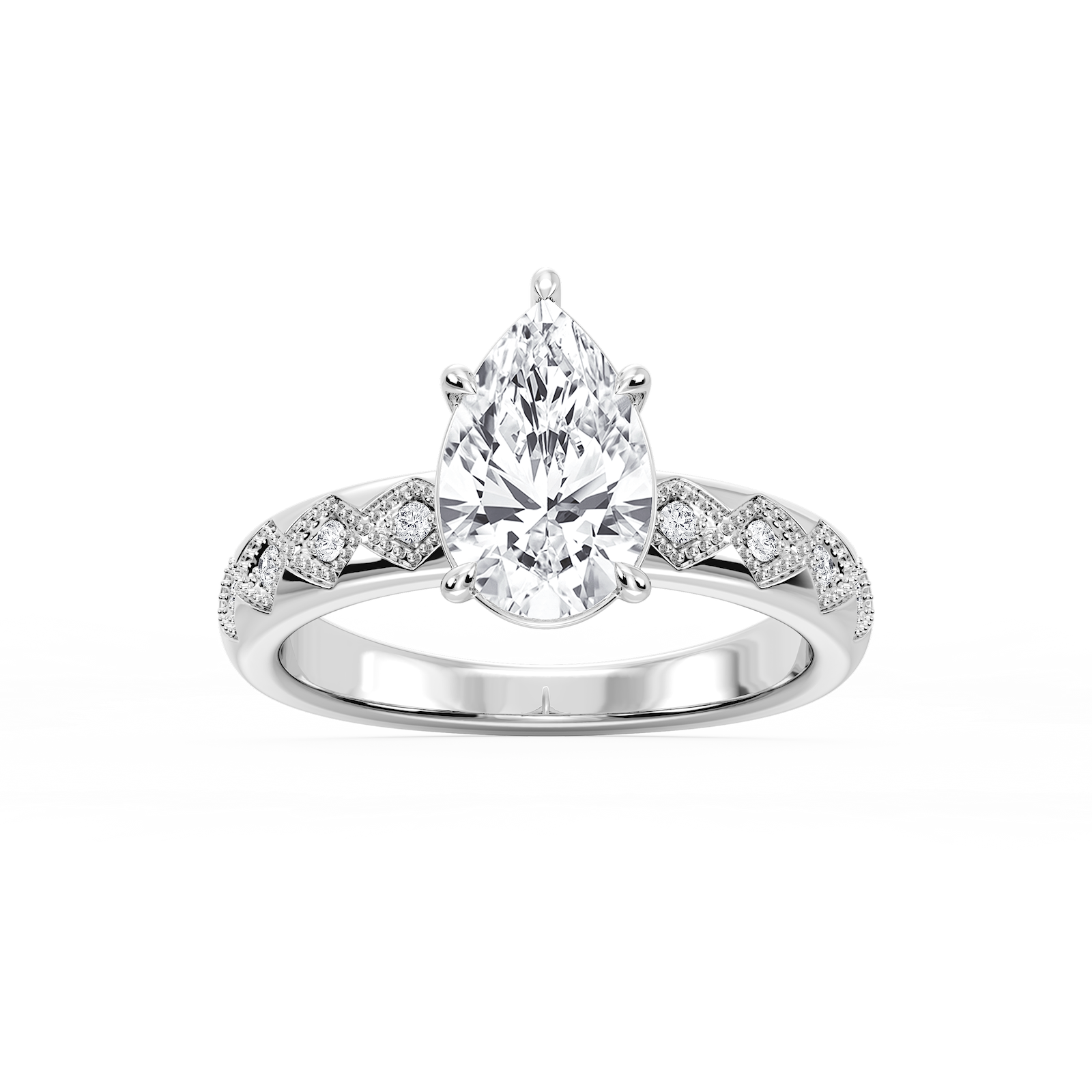 Edith Pear Lab Grown Diamond Accent Milgrain Side Stone Engagement Ring