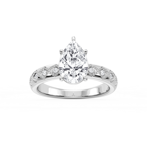 Edith Pear Lab Grown Diamond Accent Milgrain Side Stone Engagement Ring