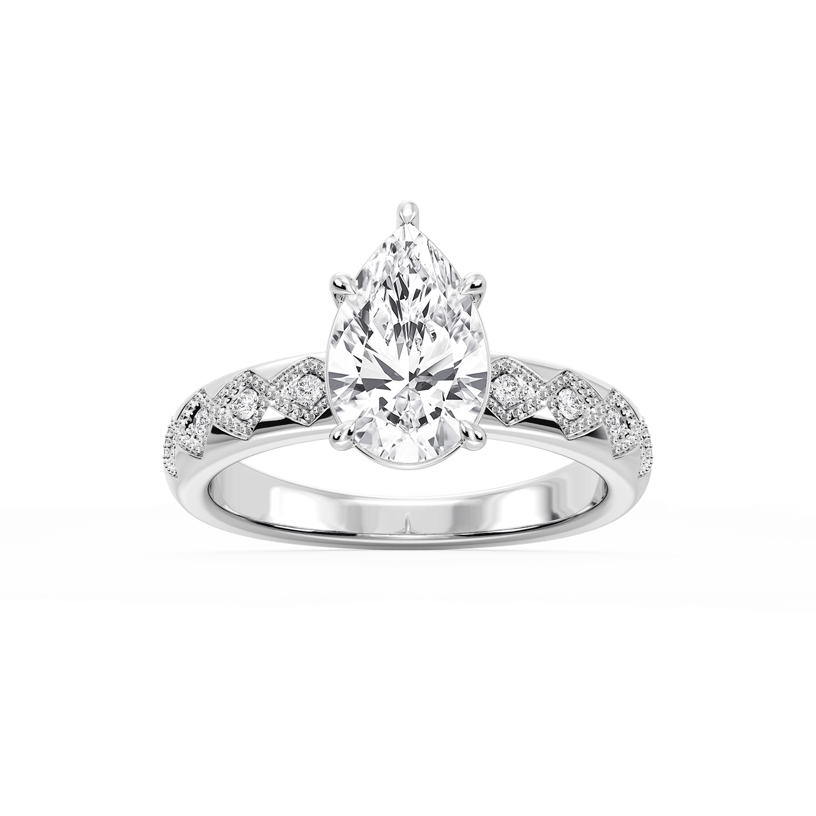 Edith Pear Lab Grown Diamond Accent Milgrain Side Stone Engagement Ring