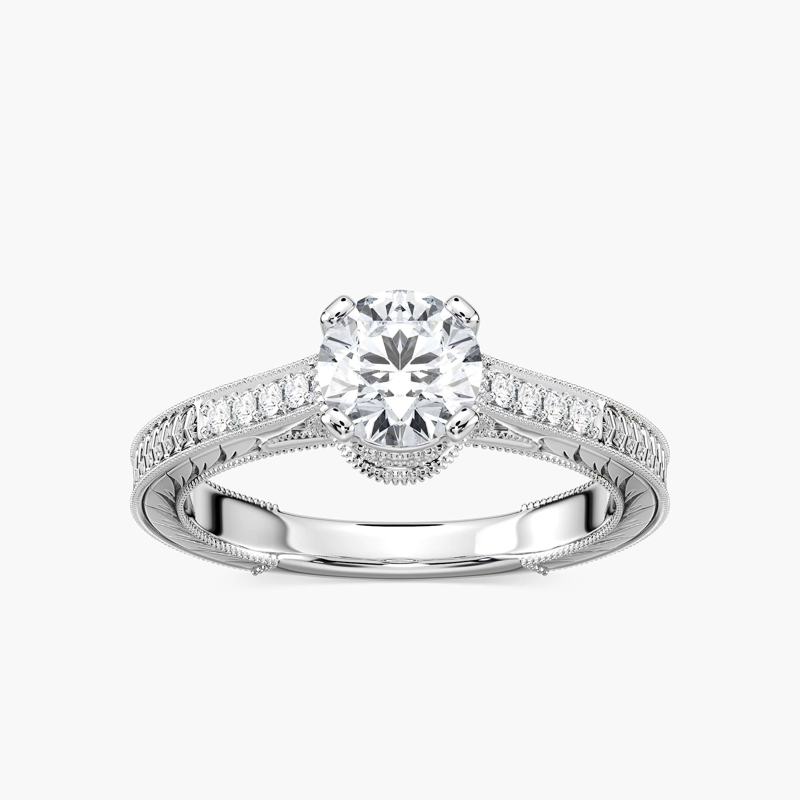 Shown with 1ct Round Cut Lab Grown Diamond in 14k White Gold|Antique style diamond accented engagement ring with 1ct round cut lab grown diamond in 14k white gold filigree detailed band