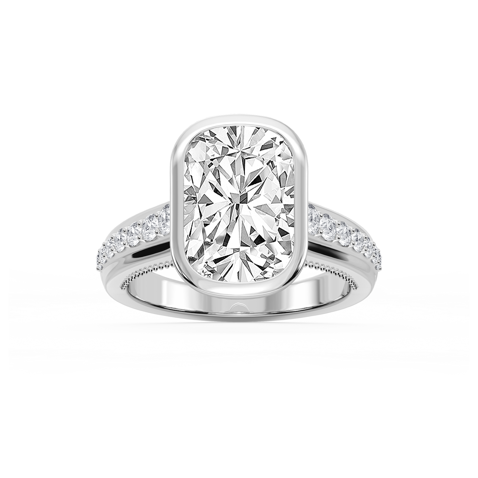 Ellen Elongated Cushion Lab Grown Diamond Bezel Side Stone Engagement Ring