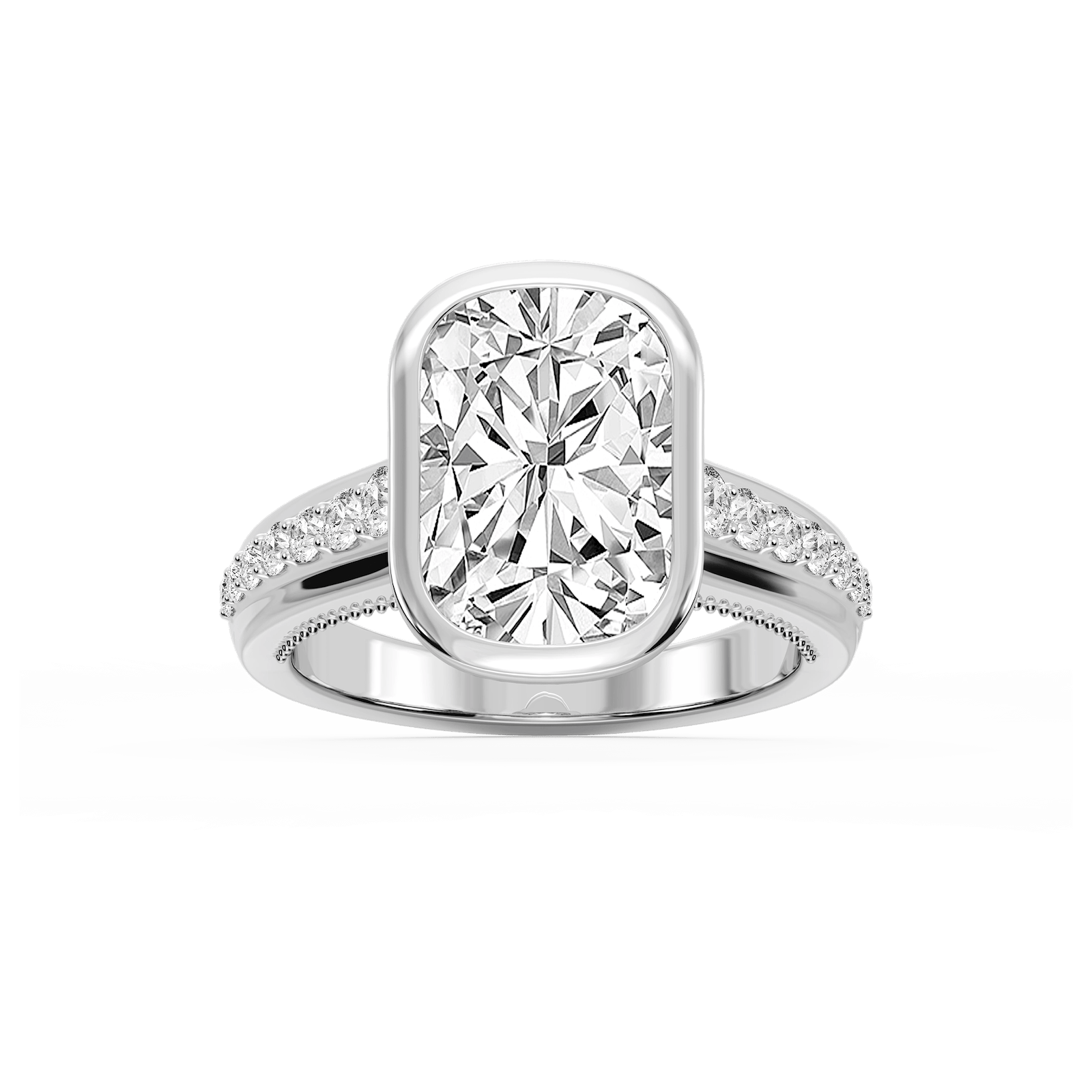 Ellen Elongated Cushion Lab Grown Diamond Bezel Side Stone Engagement Ring
