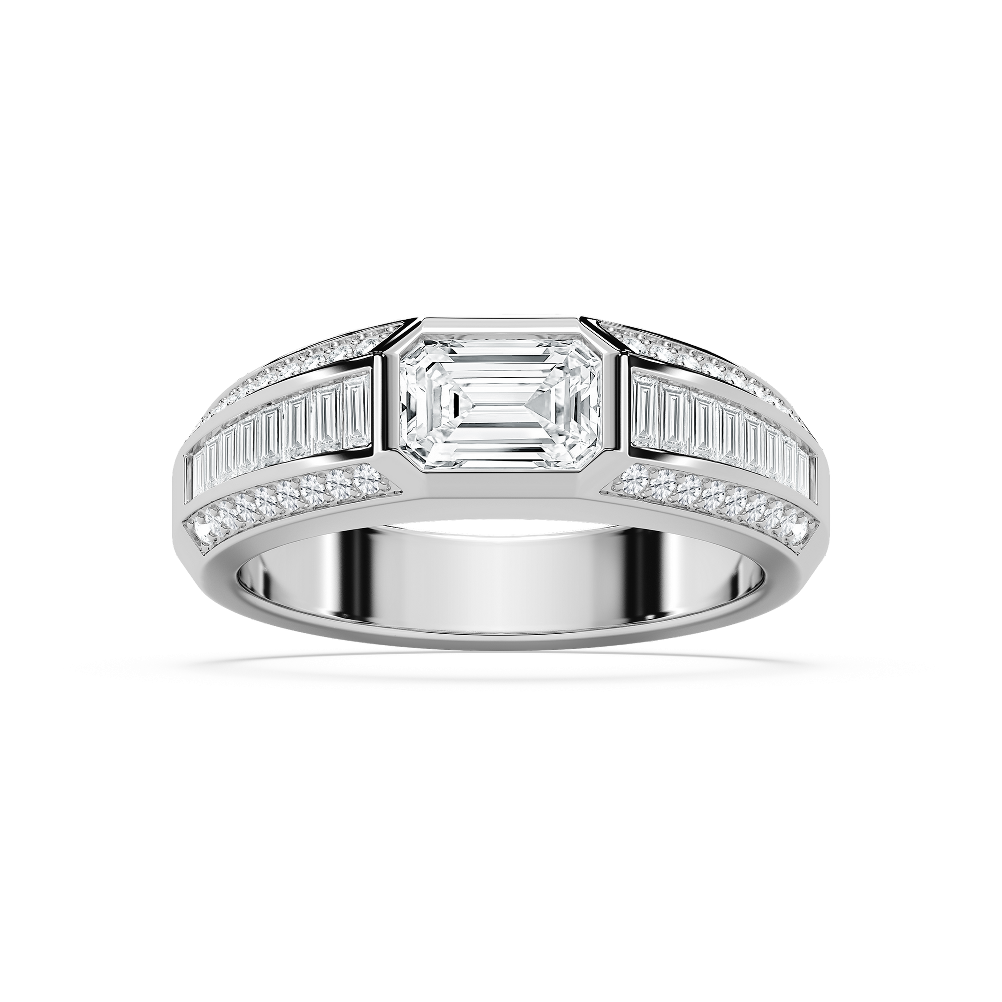 Theodore 2 ⅜ ctw Emerald, Baguette and Round Lab Grown Diamond 4.45mm East West Bezel Mens Wedding Band