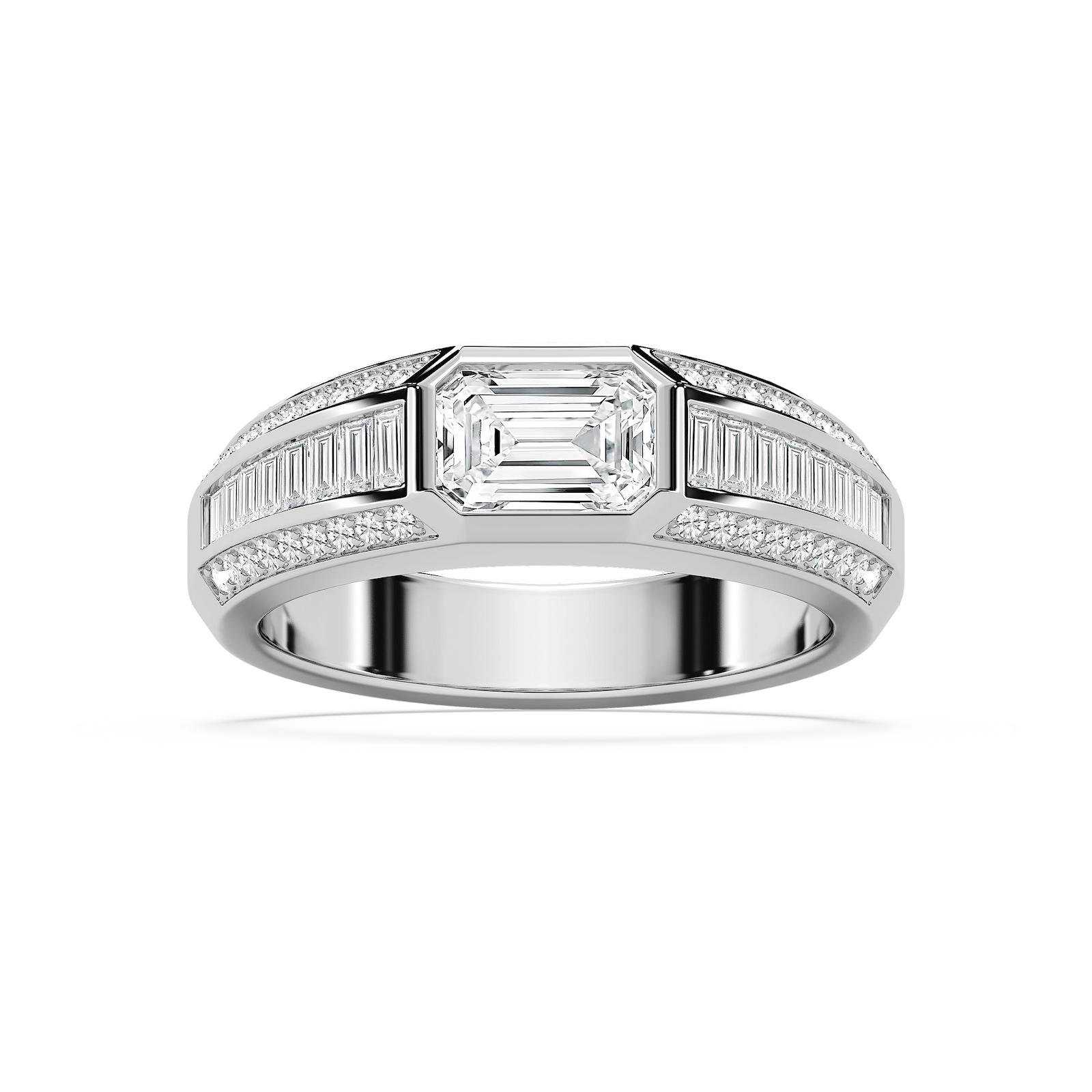 Theodore 2 ⅜ ctw Emerald, Baguette and Round Lab Grown Diamond 4.45mm East West Bezel Mens Wedding Band