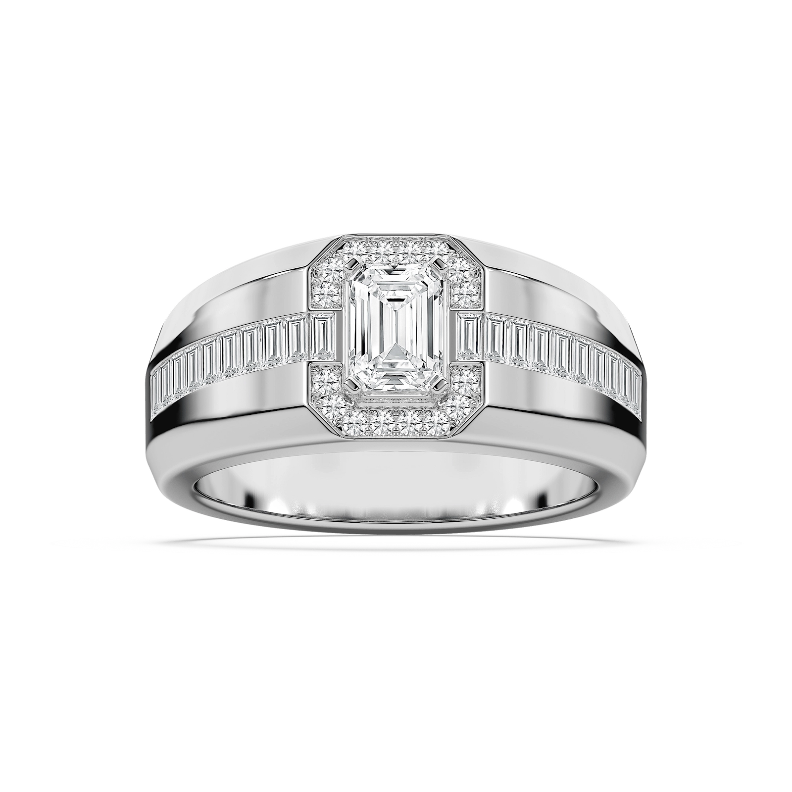 Knox 1 ¾ ctw Emerald, Baguette and Round Lab Grown Diamond 5.20mm Signet Mens Wedding Band