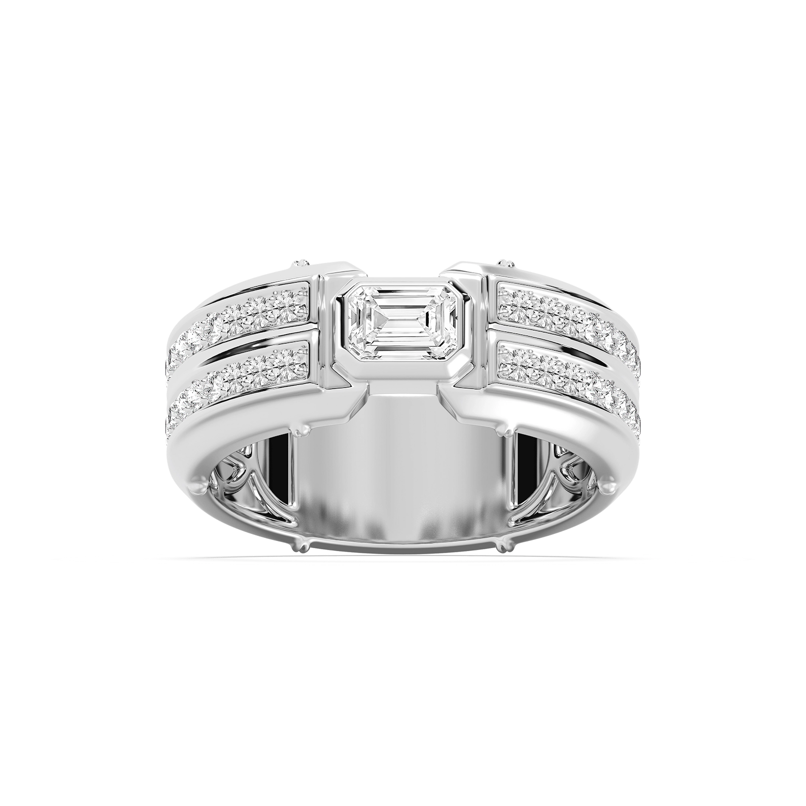 Cooper 1 ⅛ ctw Emerald and Round Lab Grown Diamond 8.55mm Channel Mens Wedding Band