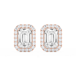 Emerald Lab Grown Diamond Four Prong Basket Halo Stud Earrings