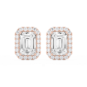 Emerald Lab Grown Diamond Four Prong Basket Halo Stud Earrings