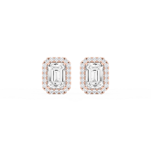 Emerald Lab Grown Diamond Four Prong Basket Halo Stud Earrings