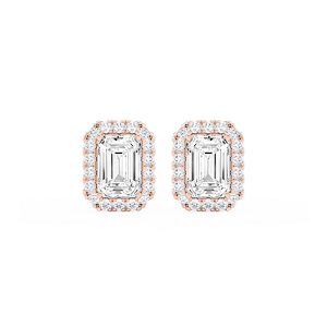 Emerald Lab Grown Diamond Four Prong Basket Halo Stud Earrings