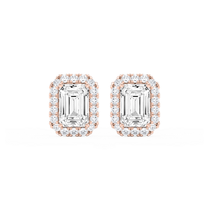 Emerald Lab Grown Diamond Four Prong Basket Halo Stud Earrings