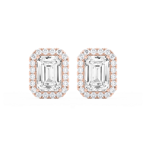 Emerald Lab Grown Diamond Four Prong Basket Halo Stud Earrings