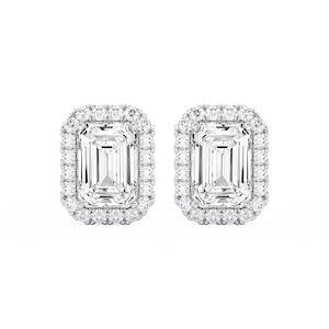 Emerald Lab Grown Diamond Four Prong Basket Halo Stud Earrings