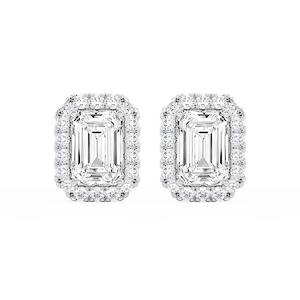 Emerald Lab Grown Diamond Four Prong Basket Halo Stud Earrings