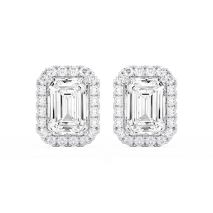 Emerald Lab Grown Diamond Four Prong Basket Halo Stud Earrings