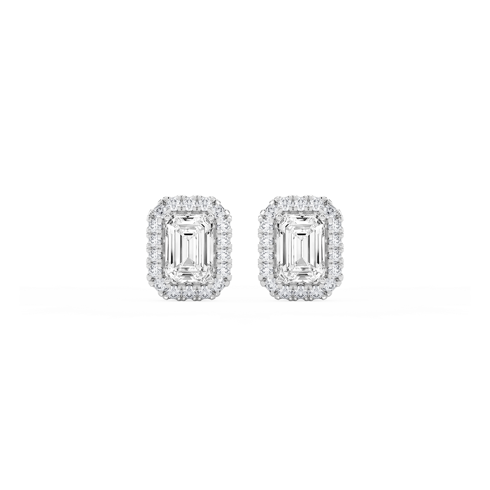 Emerald Lab Grown Diamond Four Prong Basket Halo Stud Earrings