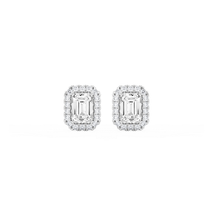 Emerald Lab Grown Diamond Four Prong Basket Halo Stud Earrings