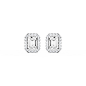 Emerald Lab Grown Diamond Four Prong Basket Halo Stud Earrings
