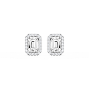 Emerald Lab Grown Diamond Four Prong Basket Halo Stud Earrings