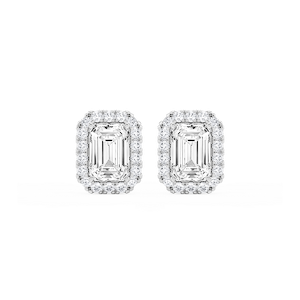 Emerald Lab Grown Diamond Four Prong Basket Halo Stud Earrings