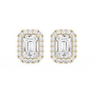 Emerald Lab Grown Diamond Four Prong Basket Halo Stud Earrings