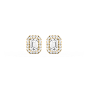 Emerald Lab Grown Diamond Four Prong Basket Halo Stud Earrings