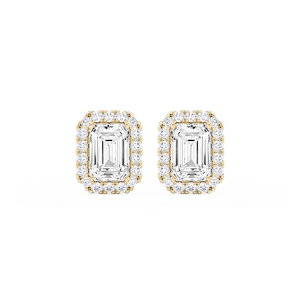 Emerald Lab Grown Diamond Four Prong Basket Halo Stud Earrings