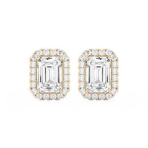 Emerald Lab Grown Diamond Four Prong Basket Halo Stud Earrings