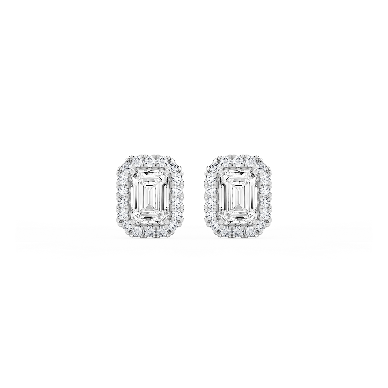 Emerald Lab Grown Diamond Four Prong Basket Halo Stud Earrings