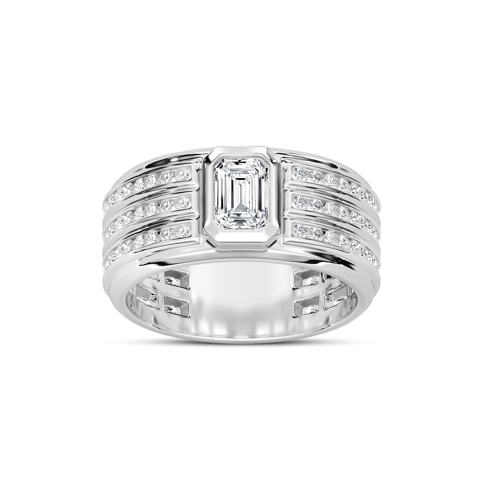 Grayson 1 ¼ ctw Emerald and Round Lab Grown Diamond 10.40mm Channel Set Mens Wedding Band