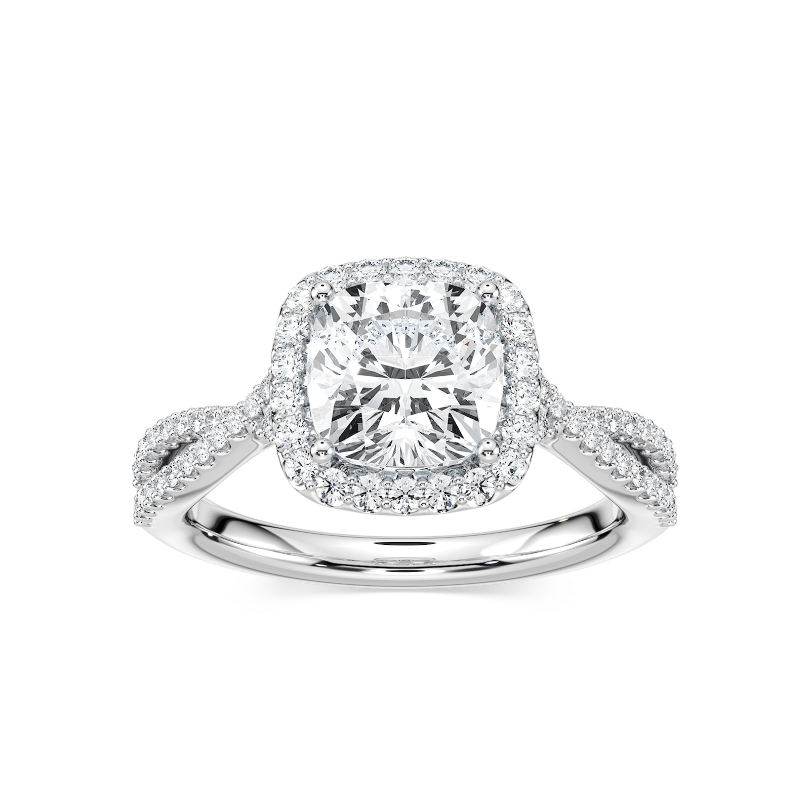 Shown with 1ct Cushion Cut Lab Grown Diamond in 14k Yellow Gold|Luxury fashion ring with accented diamond halo and split shank band set with 1ct cushion cut lab grown diamond in 14k yellow gold