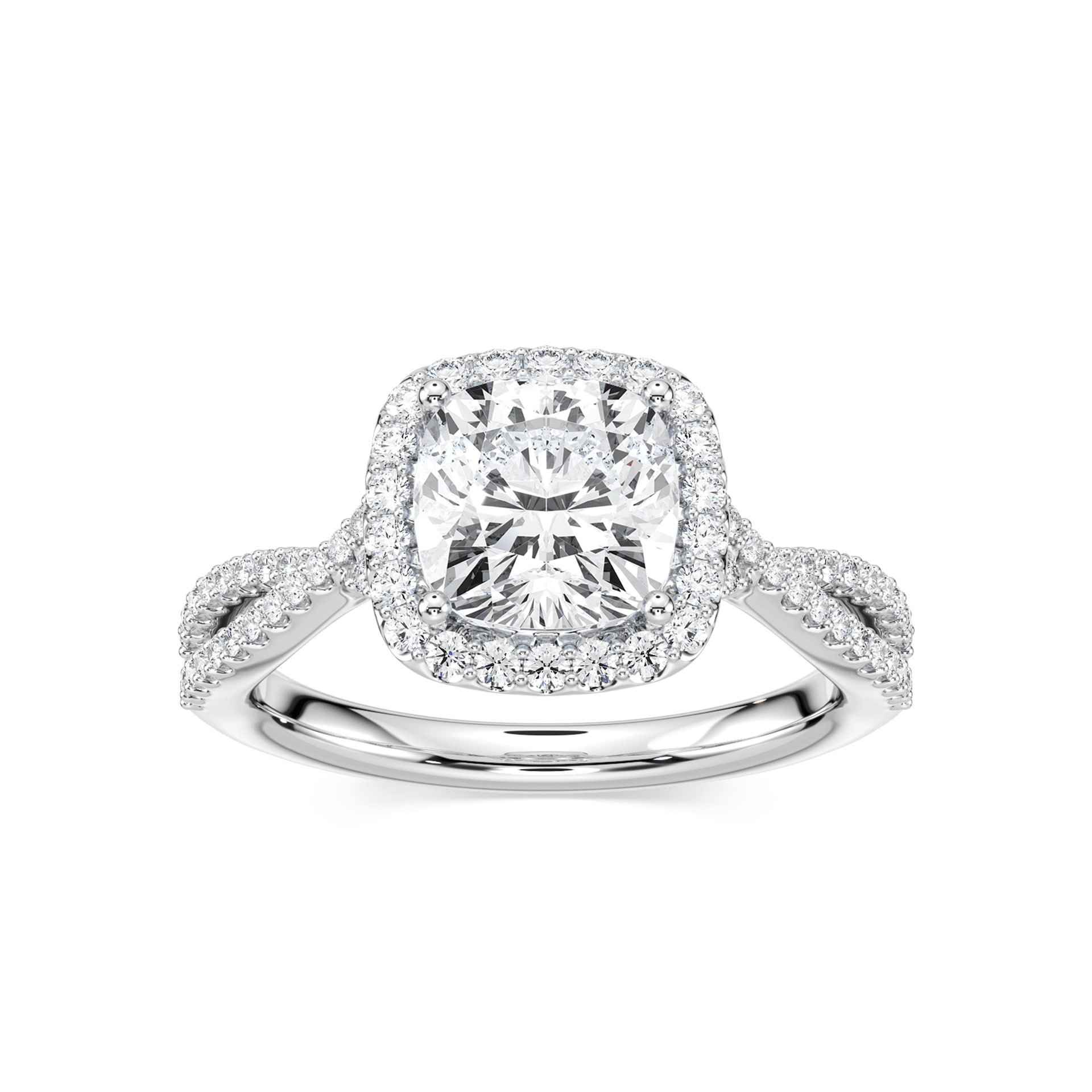 Shown with 1ct Cushion Cut Lab Grown Diamond in 14k Yellow Gold|Luxury fashion ring with accented diamond halo and split shank band set with 1ct cushion cut lab grown diamond in 14k yellow gold