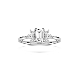 Fia 7/8 ctw Emerald Lab Grown Diamond Petite Flower Side Stone Engagement Ring
