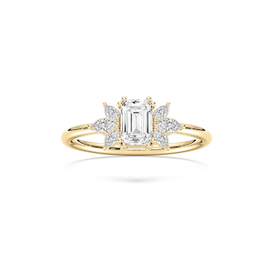 Fia 7/8 ctw Emerald Lab Grown Diamond Petite Flower Side Stone Engagement Ring